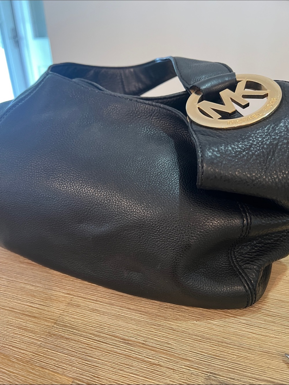 Michael Kors Black Leather Shoulder Tote with Gold MK Charm